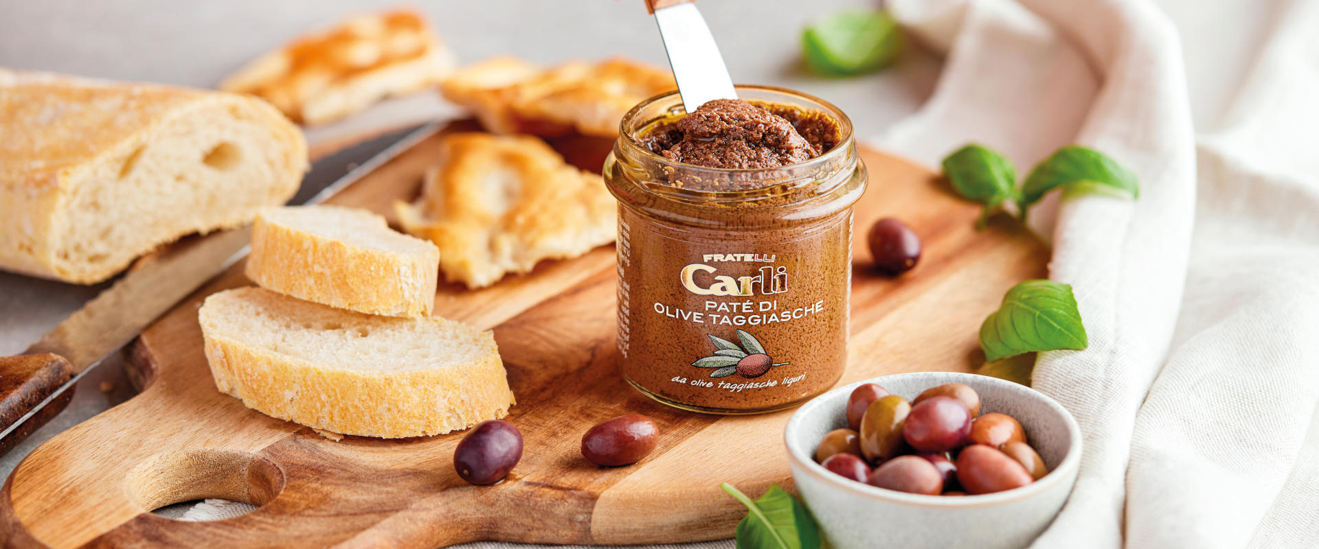 Carli Taggiasca Olive Spread with bread and focaccia