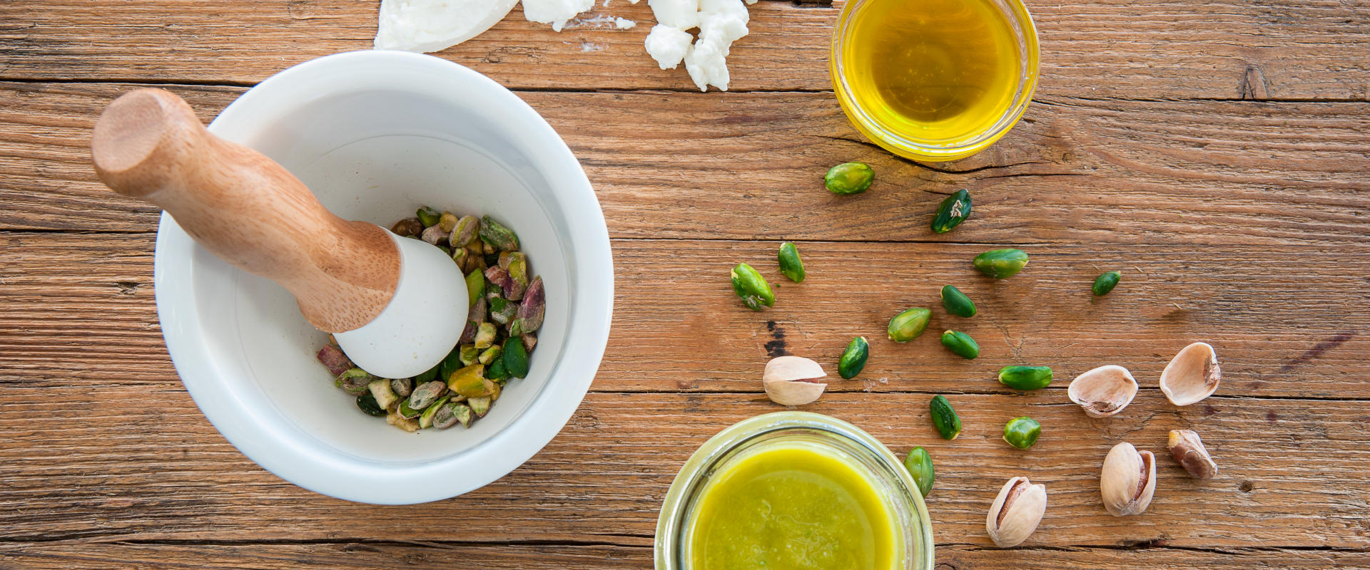 Pesto with pistachios, mortar and pestle