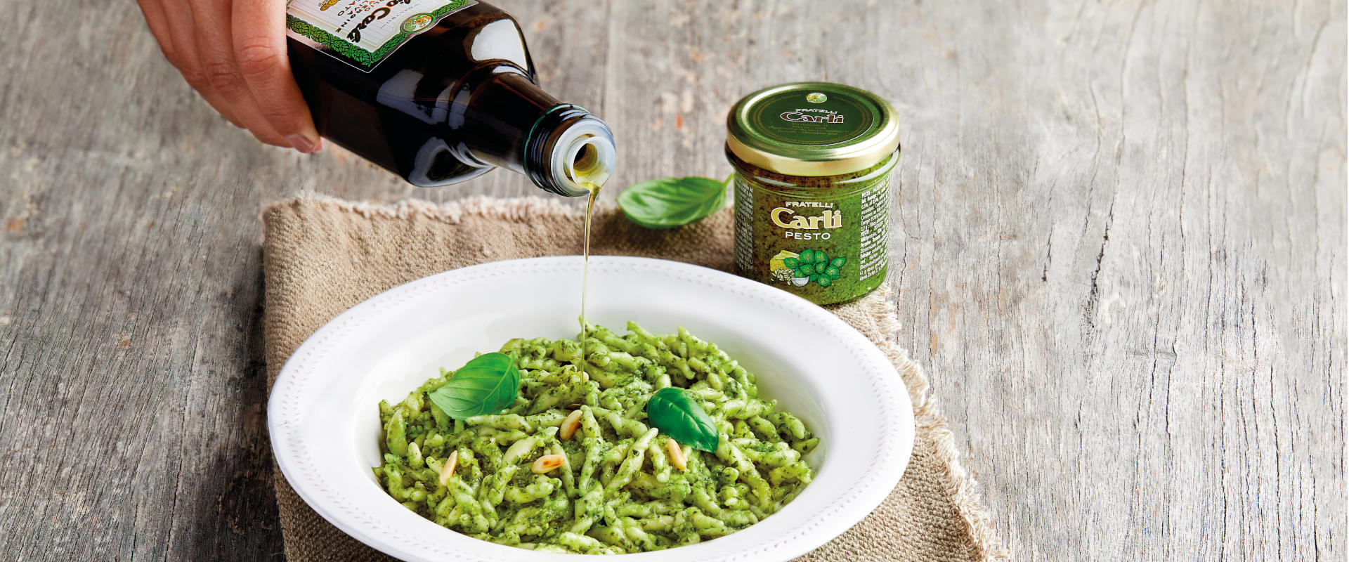 Trofie pasta with Carli Pesto Sauce and Carli Extra Virgin Olive Oil Delicato