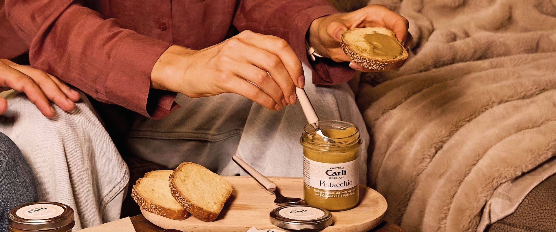 Fratelli Carli Pistachio Cream spread on bread for a sweet comfort food treat