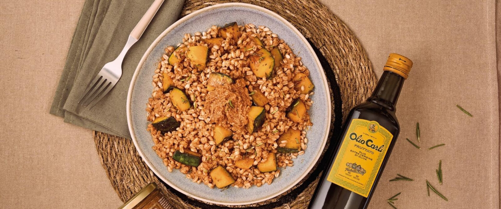 Farro and roasted squash with Pesto Rosso and extra virgin olive oil