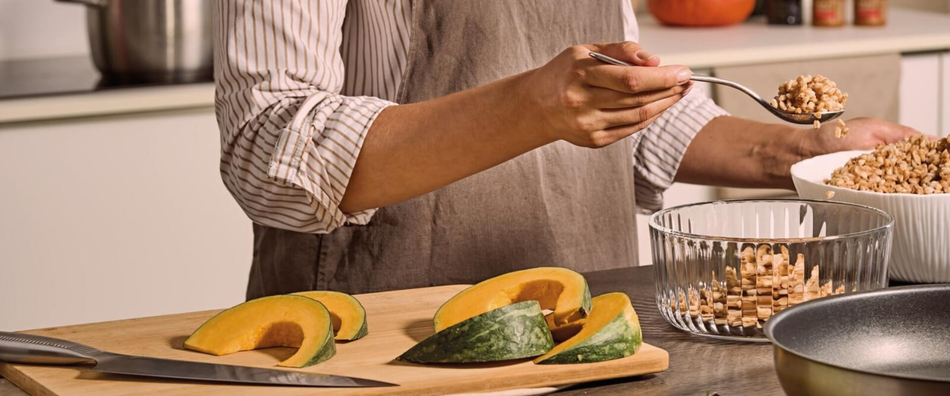 Preparing squash and grains for meal prep