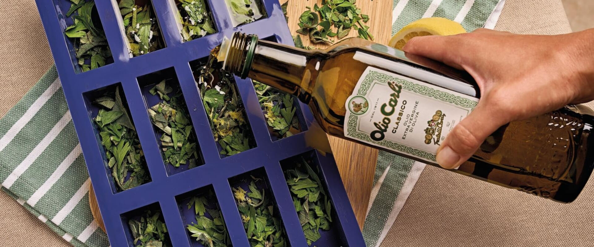 Preparing extra virgin olive oil portions with herbs for meal prep