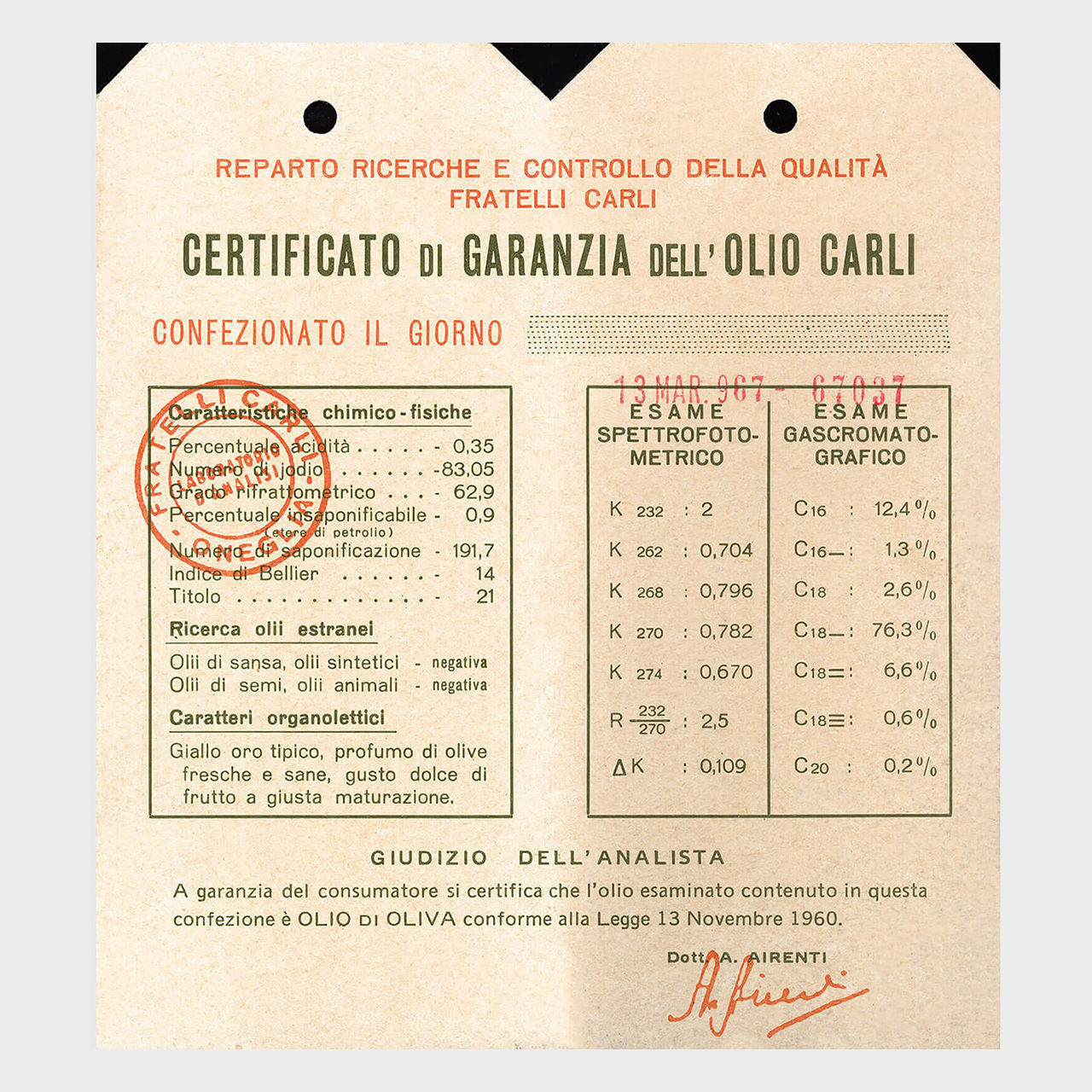 The first Olio Carli Guarantee Certificate 