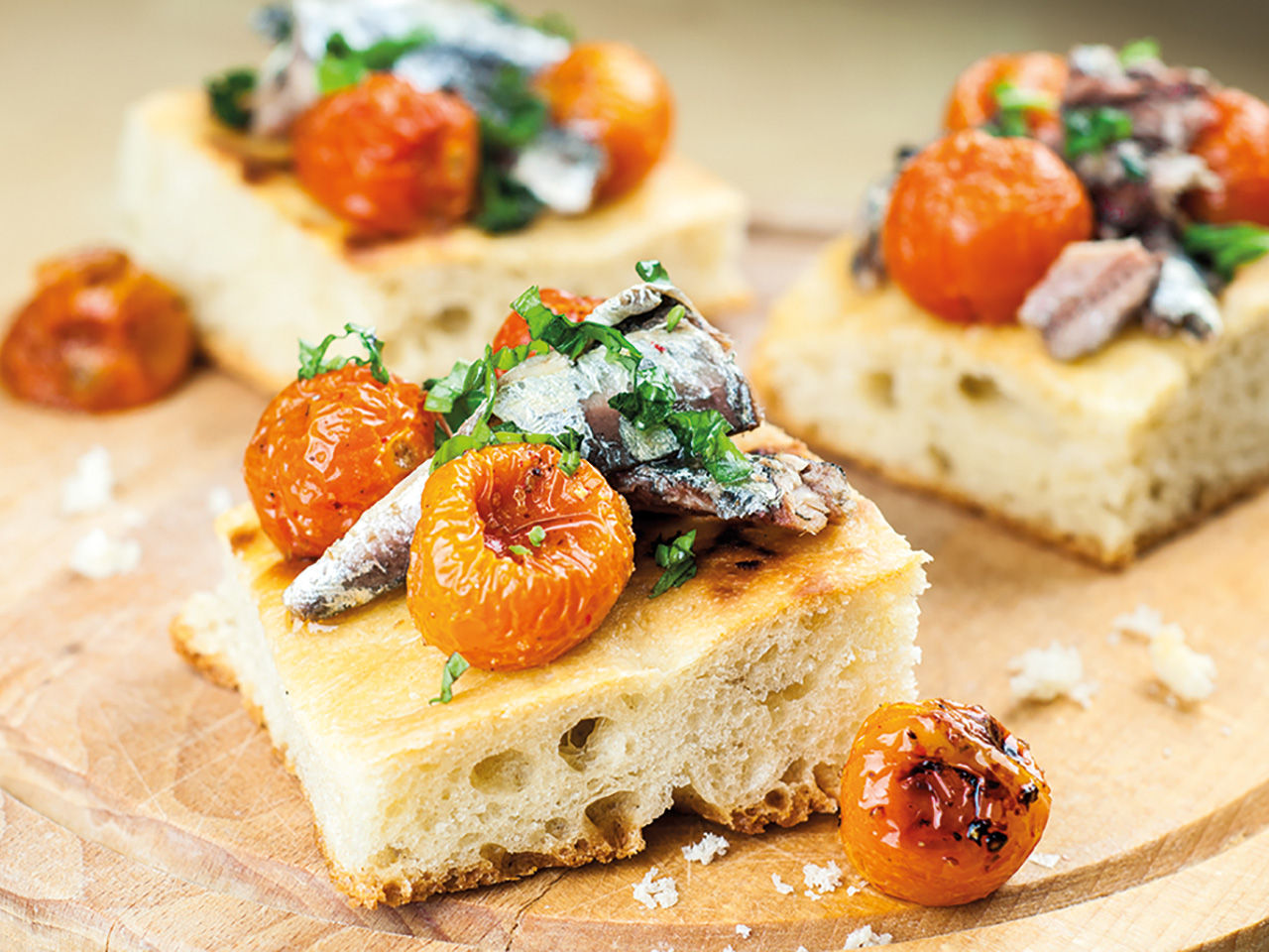 focaccia with sardines and cherry tomatoes