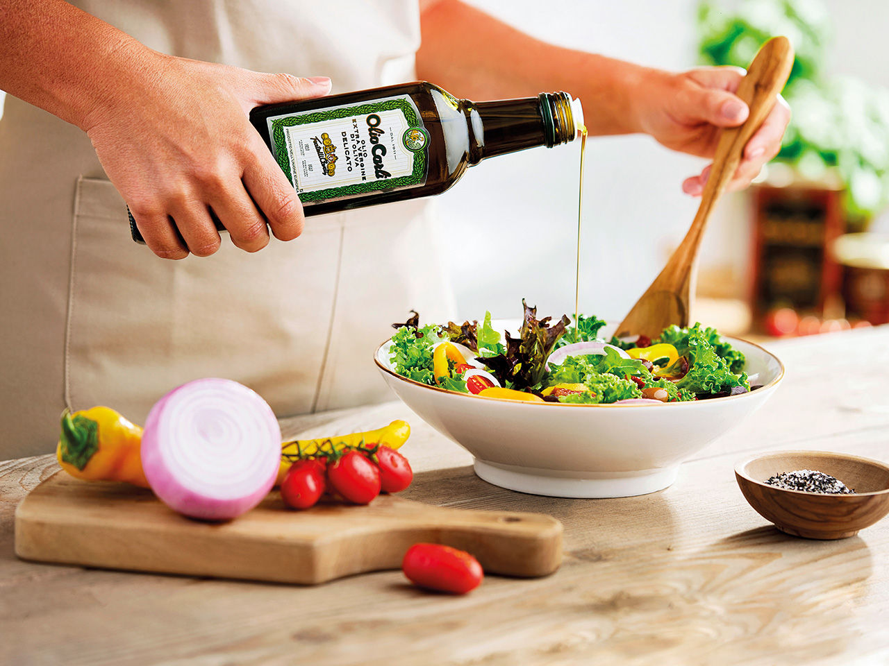 Salad dressed with oil