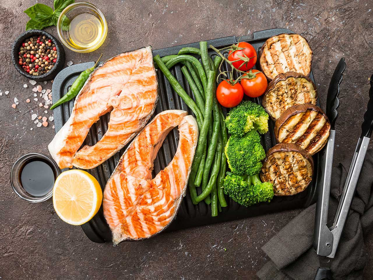 Grilled fish and vegetables