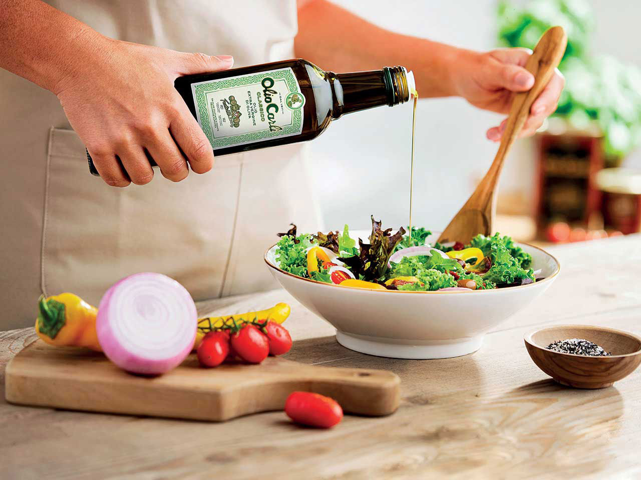 Salad dressed with oil