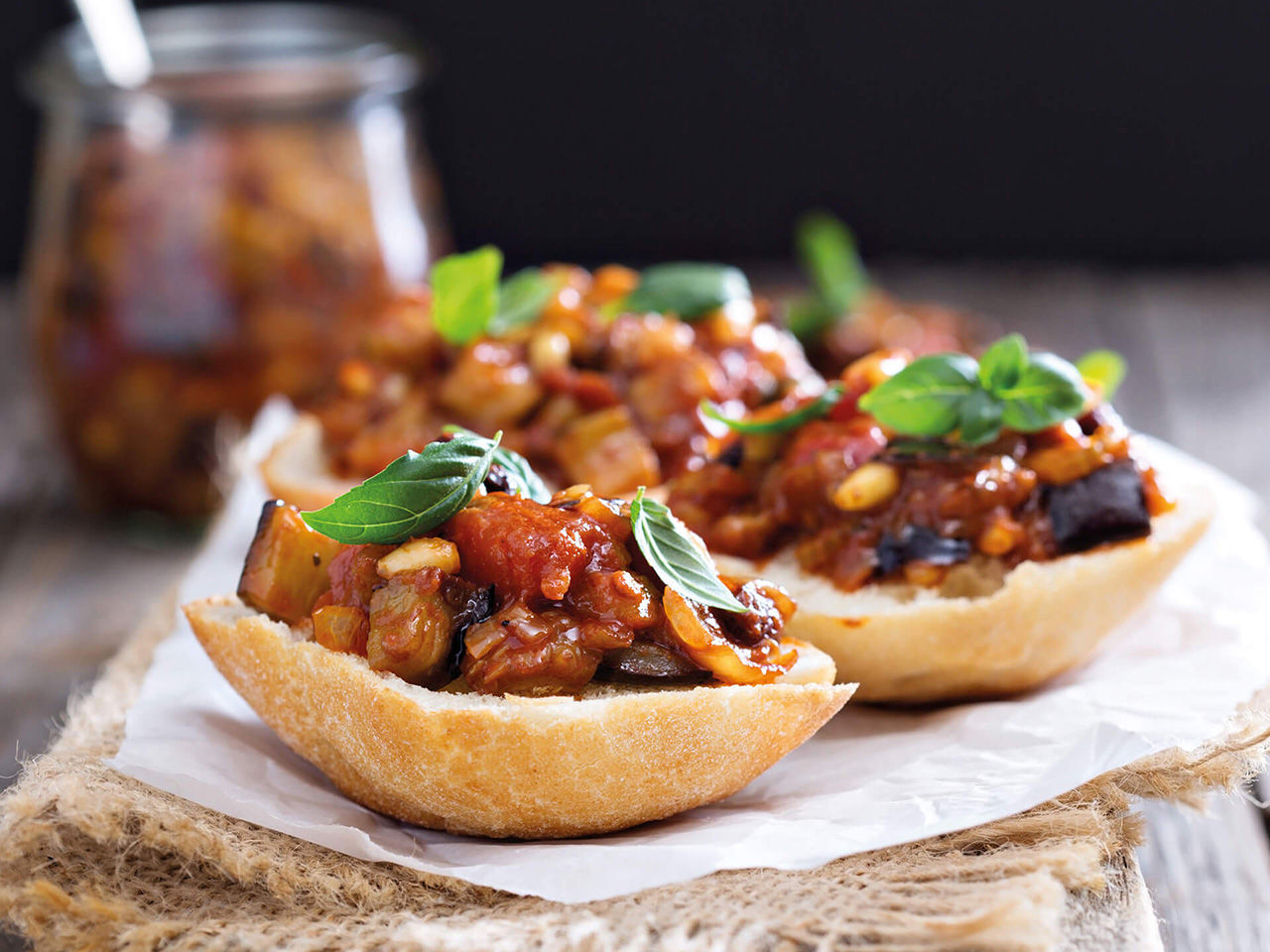 Canapés with eggplant sauce