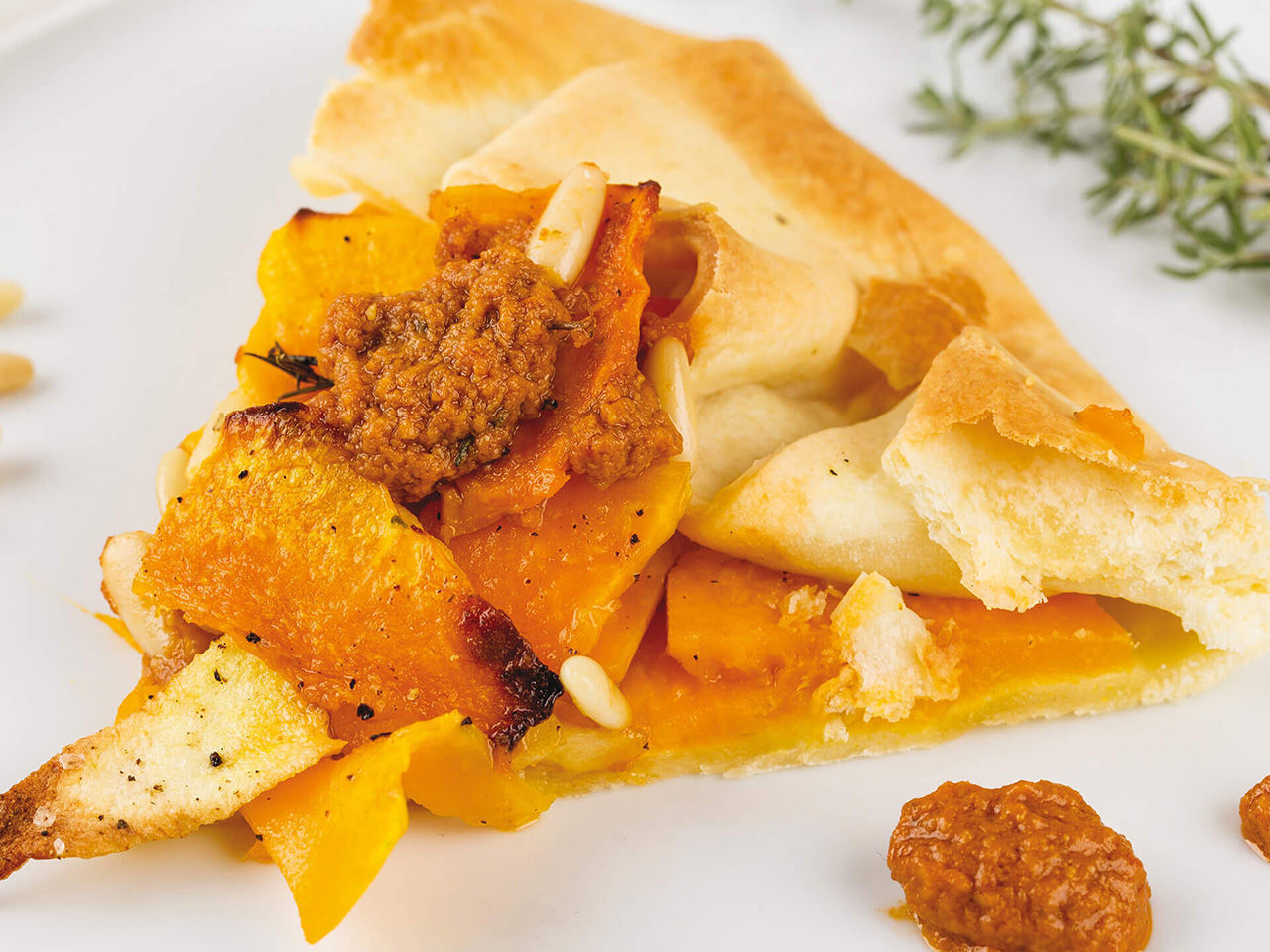 Pumpkin and red pesto quiche